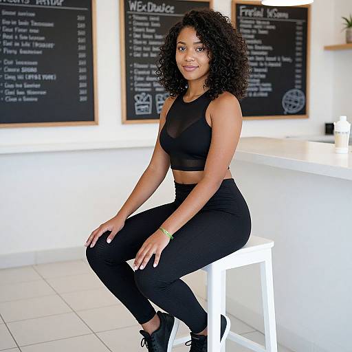 Photograph of a young Black woman with curly hair, wearing a black sports bra and high-waisted black leggings, sitting on a white stool in
