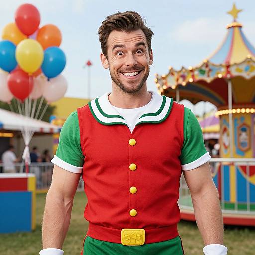 Photograph of a smiling, bearded man in a festive red and green elf costume with white trim, yellow buttons, and a yellow belt, standing