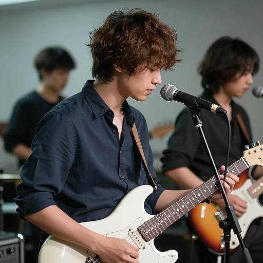 Focused Male Musician Playing Electric Guitar