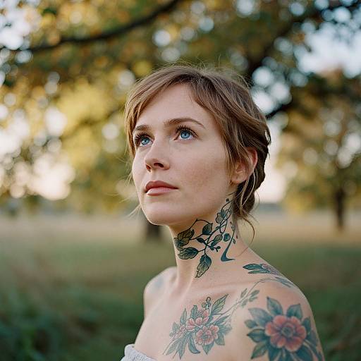 Photograph of a fair-skinned, blue-eyed woman with short brown hair, floral and leaf tattoos on neck and shoulder, standing outdoors in a sun