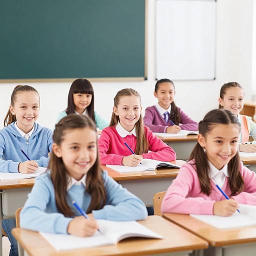 Photograph of smiling elementary school girls in a classroom, wearing colorful sweaters, writing in notebooks, with a green chalkboard in the background.