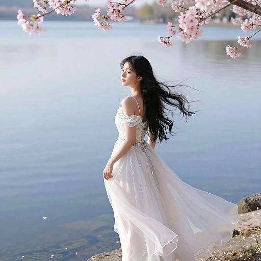 Photograph of a young Asian woman with long black hair, wearing a white off-shoulder, flowing dress, standing by a serene lake, with