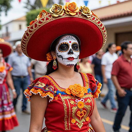 Photograph of a woman in vibrant Day of the Dead costume with red dress, gold embroidery, orange roses, large red hat, white face paint,