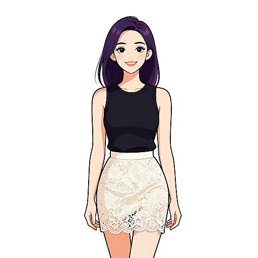 Digital anime-style drawing of a smiling woman with straight purple hair, black sleeveless top, and white lace skirt, standing against a plain white background.