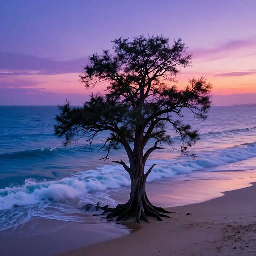 Photograph of a silhouetted, leafy tree on a sandy beach at sunset, with waves crashing in the background, and a vibrant purple