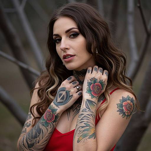 Tattooed woman with long brown hair, red tank top, and black nail polish, standing outdoors among leafless trees, looking at camera.