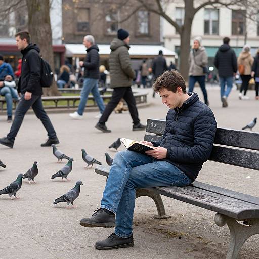 Man Reading in Busy City Park