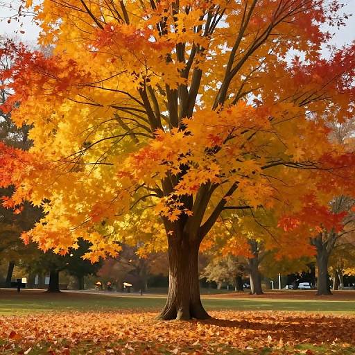 Photograph of a vibrant autumn tree with bright orange and yellow leaves, standing in a grassy park with scattered fallen leaves.