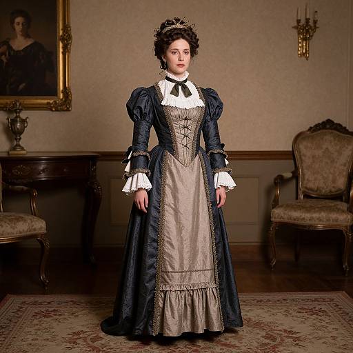 Photograph of a Victorian-era woman in an elaborate black and beige dress with white lace, standing in a dimly lit, ornate room.