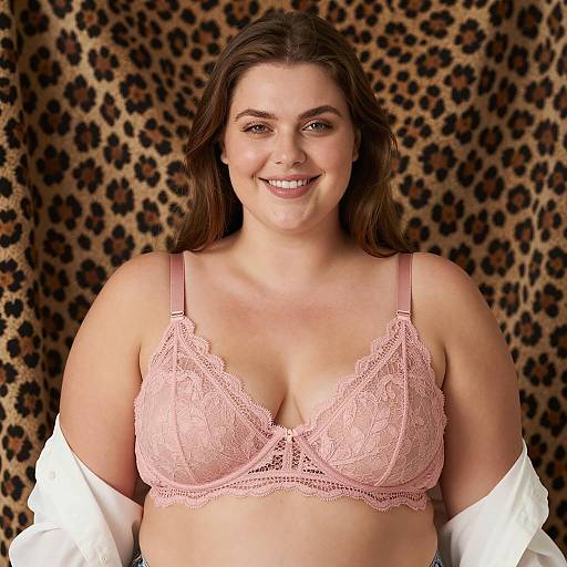 Plus-Sized Woman in Pink Lace Bra Smiling