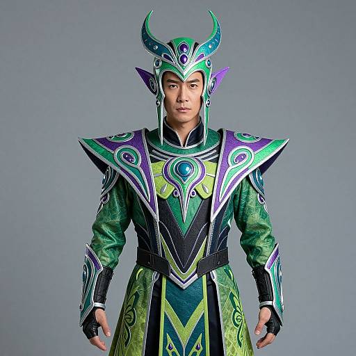 Photograph of an Asian man in elaborate, vibrant green and purple fantasy armor with horned helmet and intricate designs, standing against a plain gray background.