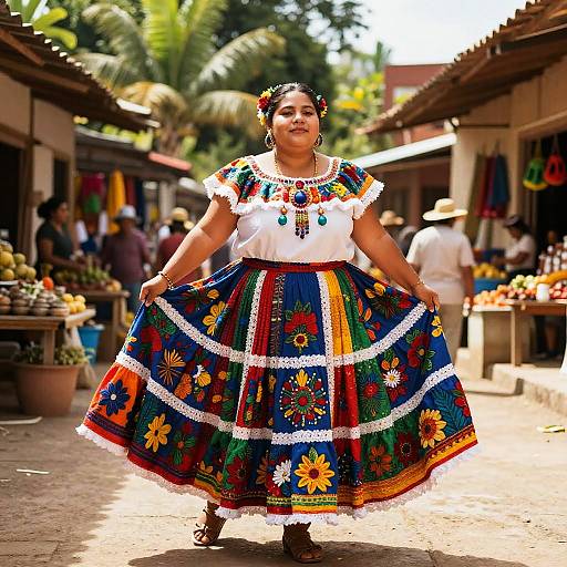 Photograph of a smiling, dark-skinned woman in a vibrant, floral-patterned traditional Mexican dress, standing in a sunny, bustling market.
