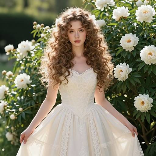 Photograph of a fair-skinned, curly-haired woman in a white lace-trimmed wedding dress, standing amidst blooming white peonies in