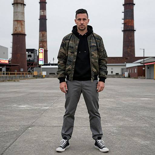 Photograph of a bearded man in camouflage jacket, black hoodie, gray pants, and black sneakers, standing in an industrial area with rusted smoke