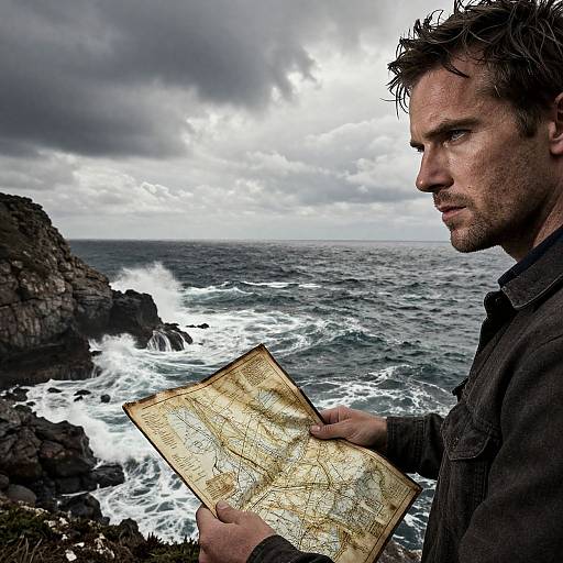 Photograph of a rugged, mustachioed man with tousled hair, holding an aged map, standing on a rocky coastal cliff with stormy