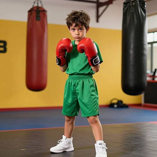 Photograph of a young boy with messy brown hair, wearing green shorts, red boxing gloves, and white sneakers, standing in a boxing gym with red