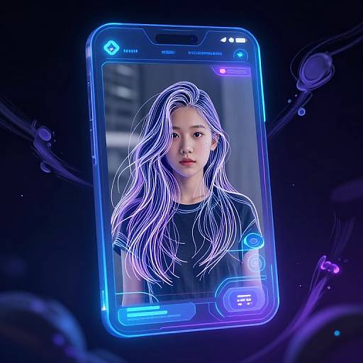 Photorealistic digital image of an Asian woman with long, wavy blue-white hair, glowing neon outline, displayed on a futuristic, holographic smartphone