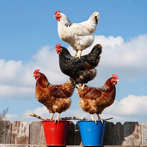 Quirky Stacked Chickens on Fence
