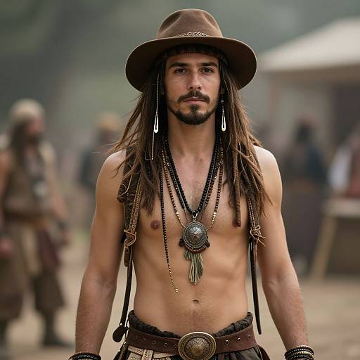 Photograph of a shirtless, muscular man with long brown hair, beard, and mustache, wearing a brown hat, beaded necklaces,