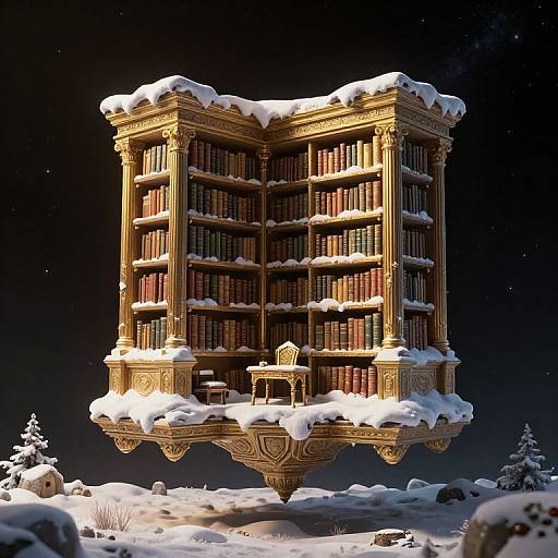 Floating golden bookshelf with snow-covered shelves and ornate carvings, illuminated against a starry night sky, surrounded by a snowy landscape.