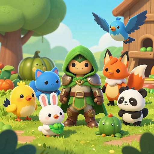Digital art of a smiling, armored, green-hooded character surrounded by cute, colorful, cartoon animals in a vibrant, sunny garden.