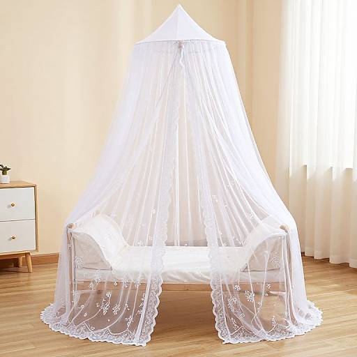 Photograph of a white, lace-trimmed canopy over a child's bed in a brightly lit room with wooden floors and cream-colored walls.
