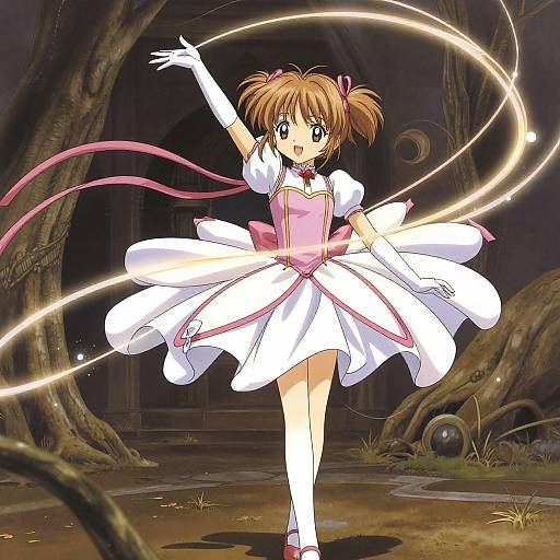 Anime-style drawing of a brown-haired girl in a pink and white magical girl outfit, casting a glowing circular spell in a dark, eerie forest.