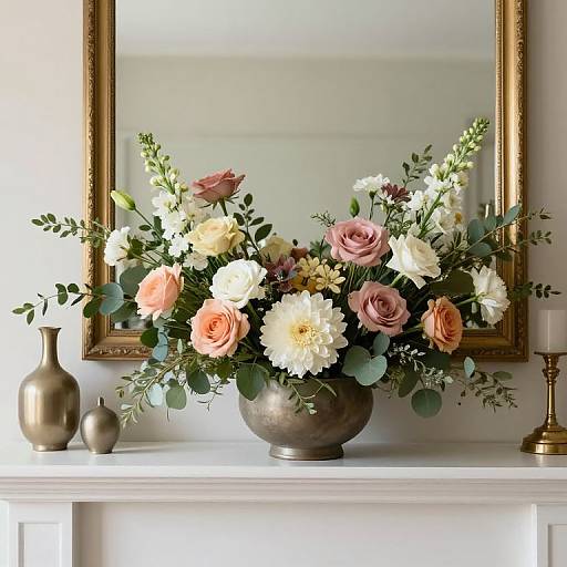 Photograph of a floral arrangement with pink, white, and peach roses, greenery, in a bronze vase, against a white mantel and gold