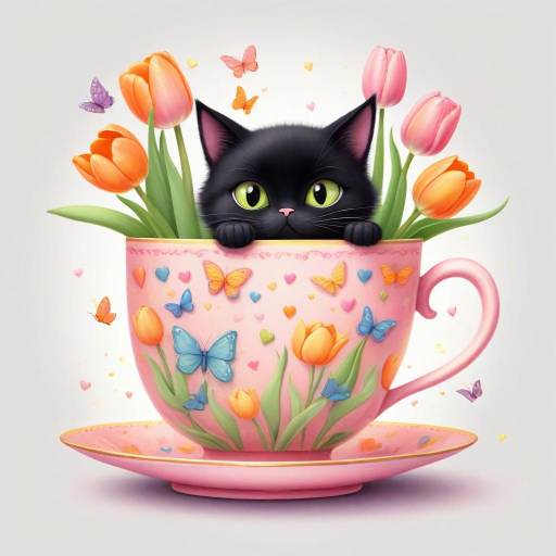 Whimsical Black Cat in Teacup