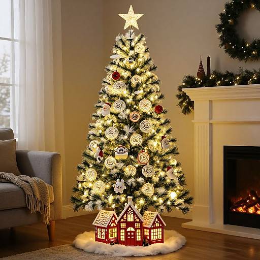 Decorated Christmas Tree with Lighted House Lantern