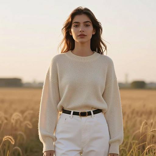 Young Woman in Cream Sweater in Golden Field