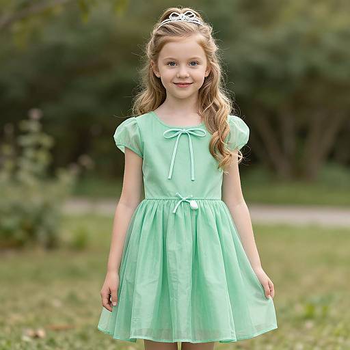 Photograph of a young girl with long blonde hair, wearing a mint green, short-sleeved, satin dress with a bow, and a silver