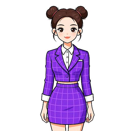 Digital anime-style drawing of a smiling woman with brown hair in double buns, wearing a purple plaid suit with a white shirt.