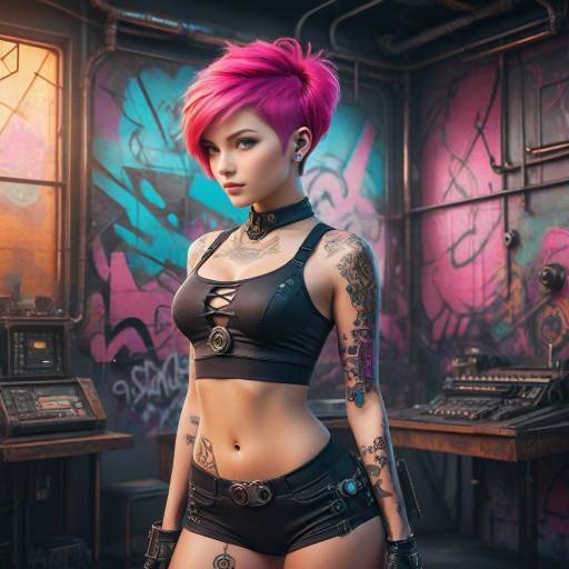 Cyberpunk Woman with Pink Hair and Futuristic Outfit