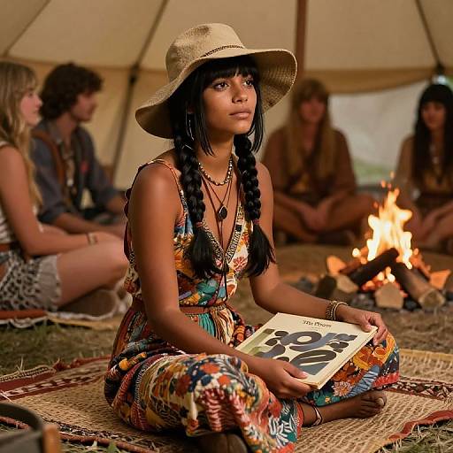 Photograph of a young woman with dark skin and braided hair, wearing a colorful patterned dress and straw hat, sitting cross-legged by a camp
