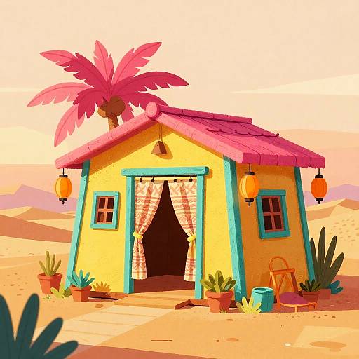 Colorful Cartoon Desert Oasis Hut