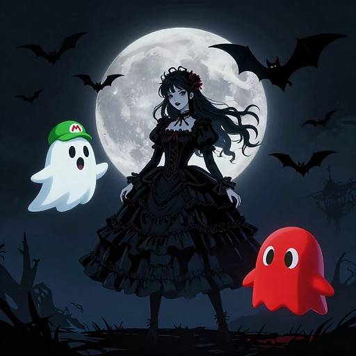 Digital artwork of a gothic girl in black dress with bats, moon, and Mario ghost and Boo from Mario, under night sky.
