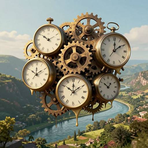 Photograph of a steampunk-style clock tower with five antique clocks, surrounded by gears, floating over a scenic river valley landscape.