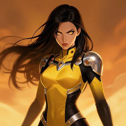 Digital art of a fierce, dark-haired woman with glowing yellow eyes, wearing a yellow and black armored suit, set against a fiery orange sky.