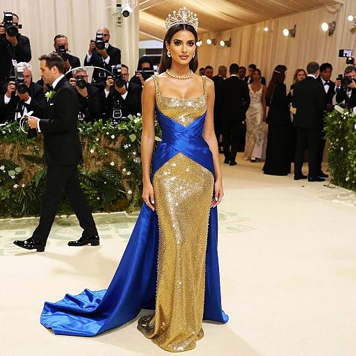 Woman in Gold and Blue Dress at Gala