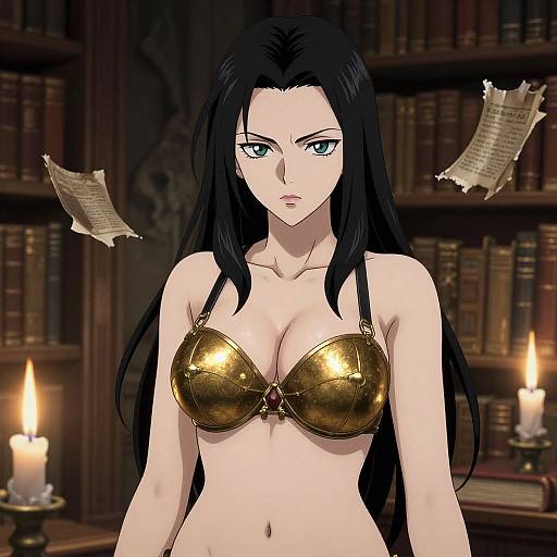 Digital anime-style drawing of a stern-looking woman with long black hair, wearing a shiny gold bra, standing in a dimly lit library with candles and