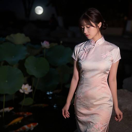 Photograph of an Asian woman in a shiny, white, form-fitting cheongsam, standing by a dark, moonlit pond with lily