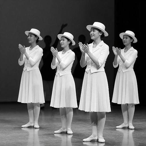Black and White Photo of Dancers Clapping in White Outfits