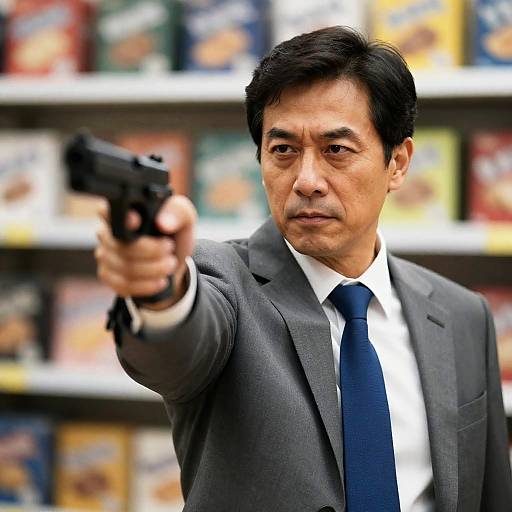 Intense Man with Gun in Gray Suit