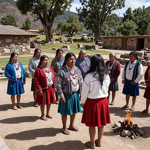 Photograph of a group of indigenous women in traditional Andean clothing, standing around a small fire in a rural village, with stone buildings and trees in