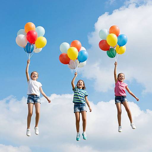 Three children jumping high against a bright blue sky, each holding colorful balloons. They wear casual clothes and smile joyfully. Photograph.