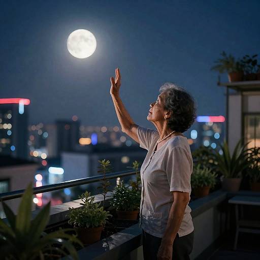Elderly Woman Reaching for Moonlight on Rooftop Garden