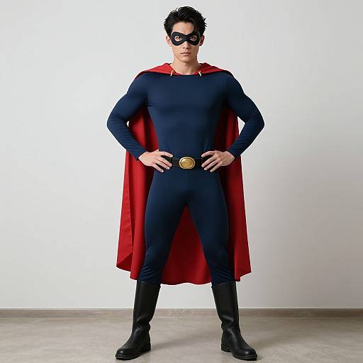 Photograph of a man in a blue superhero costume with a red cape, black boots, black mask, and gold belt, standing confidently against a plain