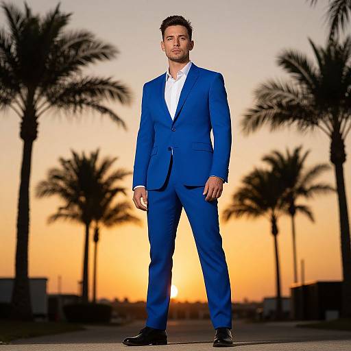 Stylish Man in Blue Suit at Sunset
