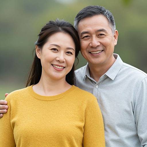 Photograph of a smiling Asian couple standing outdoors; woman in yellow sweater, man in gray polo, both with dark hair.